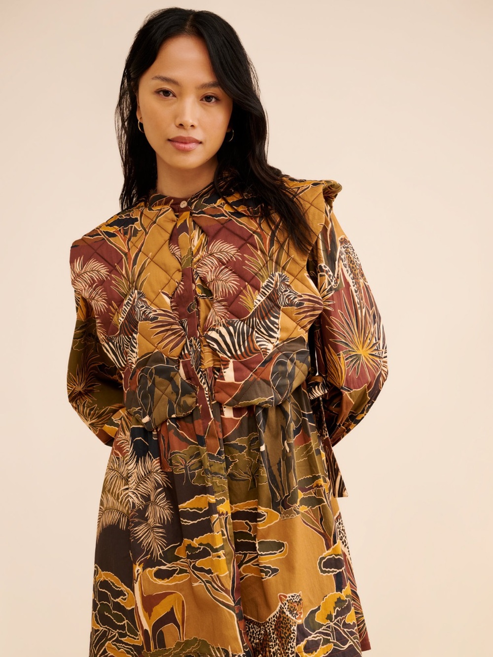 FARM Rio Mustard Brown Multi Animal & Botanical Tie-Front Tunic Dress